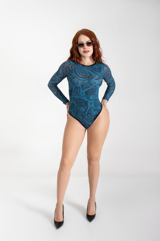 Body manga larga con mesh estampado