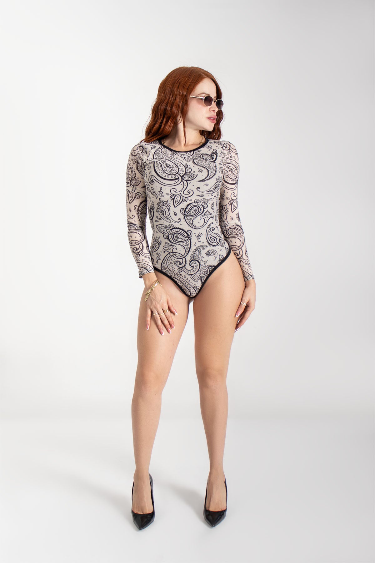 Body manga larga con mesh estampado