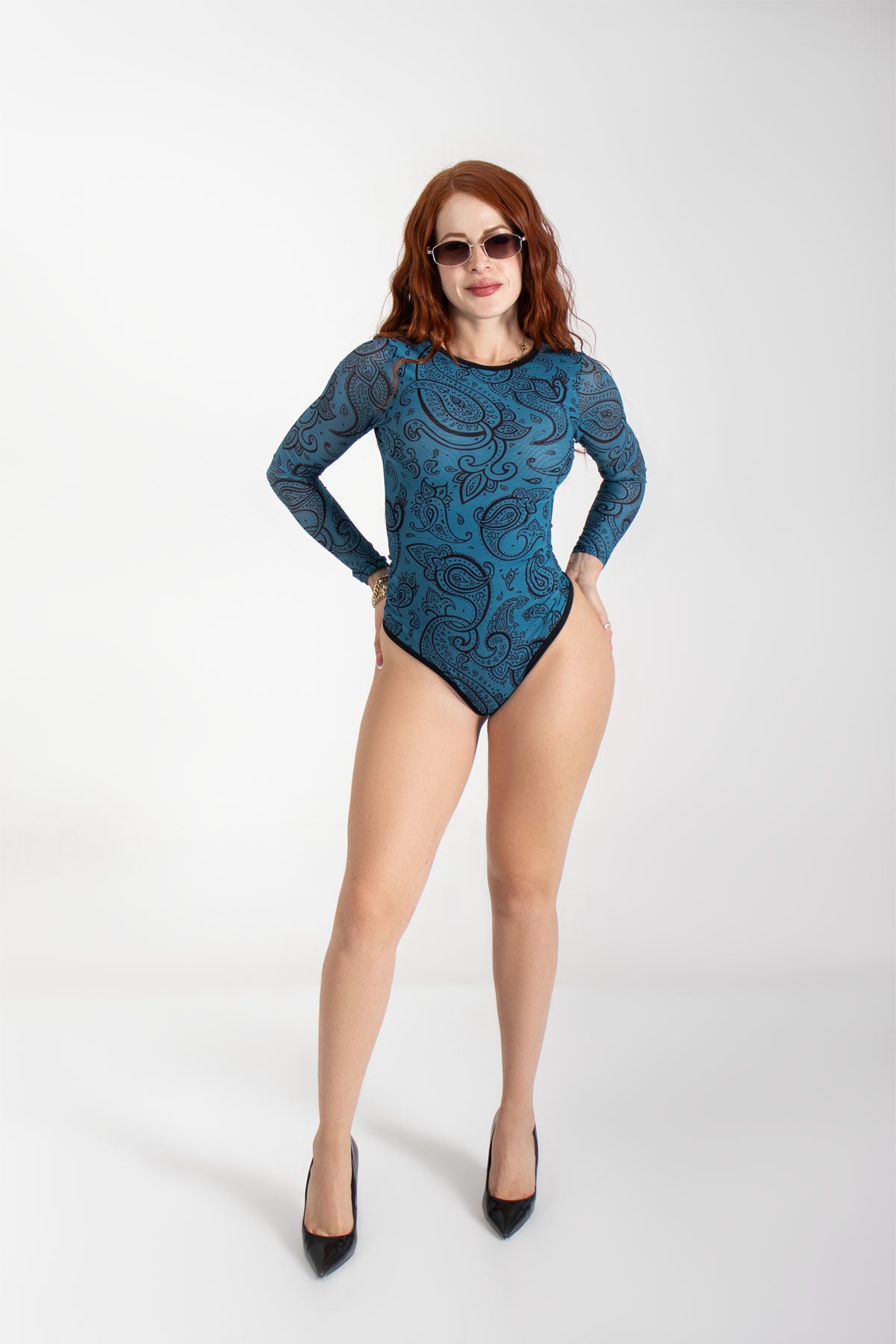 Body manga larga con mesh estampado